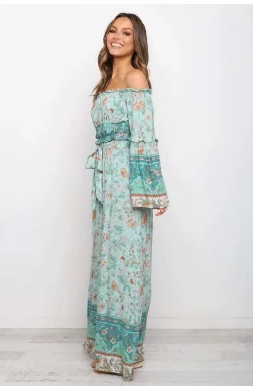 Fashion Green Floral Printed Neckline Cropped Top With Belt Wide Leg Pants Suit,Tank Tops & Camis