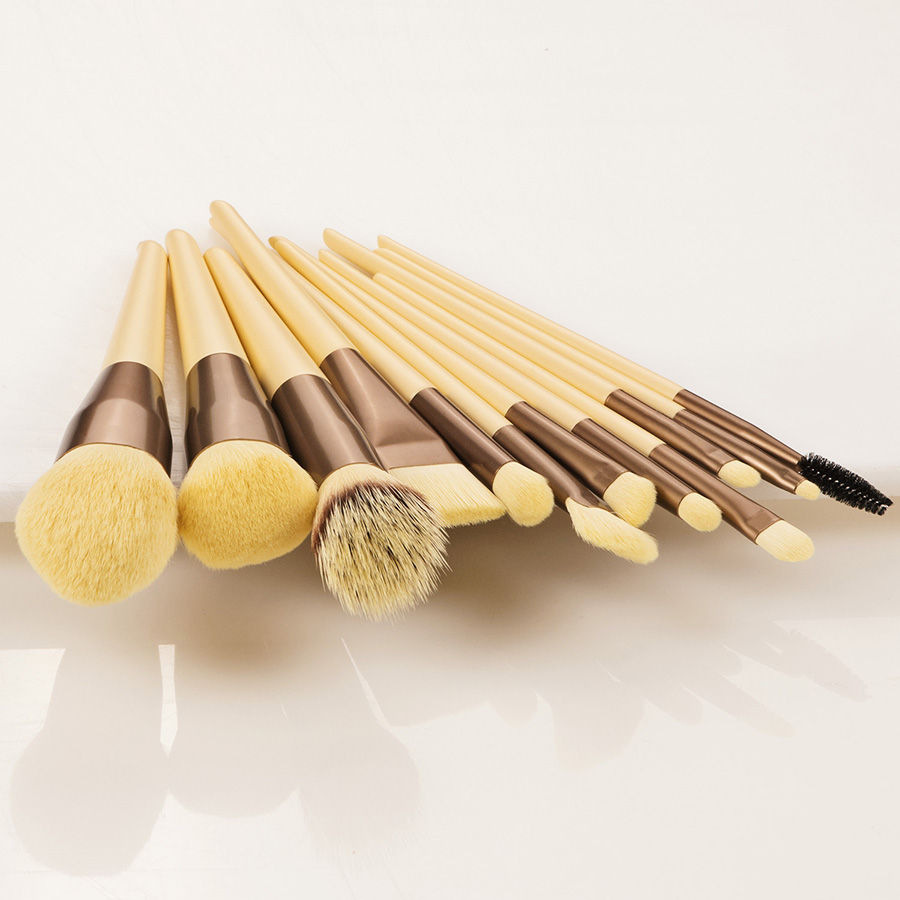 Fashion Yellow Set Of 12 Nylon Hair Makeup Brushes With Wooden Handle And Aluminum Tube,Beauty tools