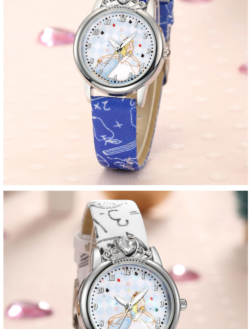 Fashion Royal Blue Childrens Watch With Diamond Princess Pattern Silver Shell Digital Face Printing Belt,Ladies Watches