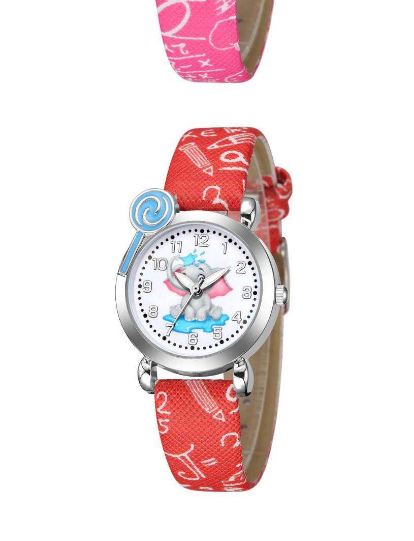 Fashion Red Elephant Pattern Silver Shell Digital Face Printing Pu Band Kids Watch,Ladies Watches