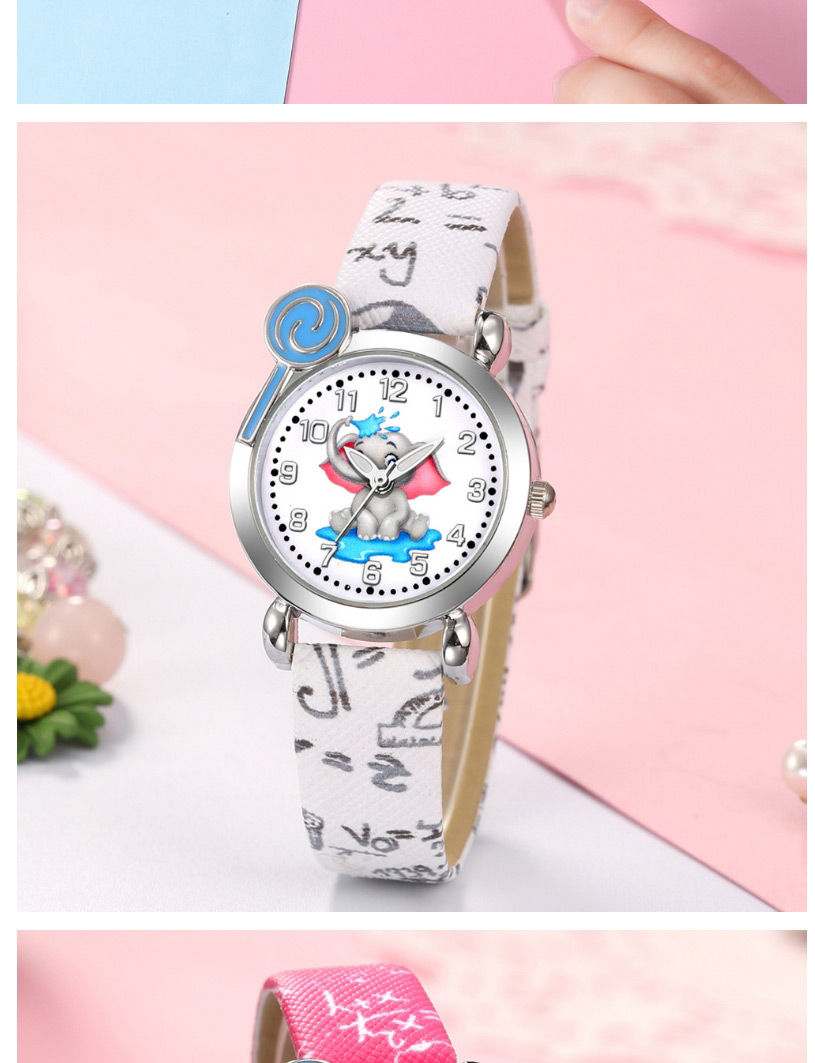 Fashion Pink Elephant Pattern Silver Shell Digital Face Printing Pu Band Kids Watch,Ladies Watches