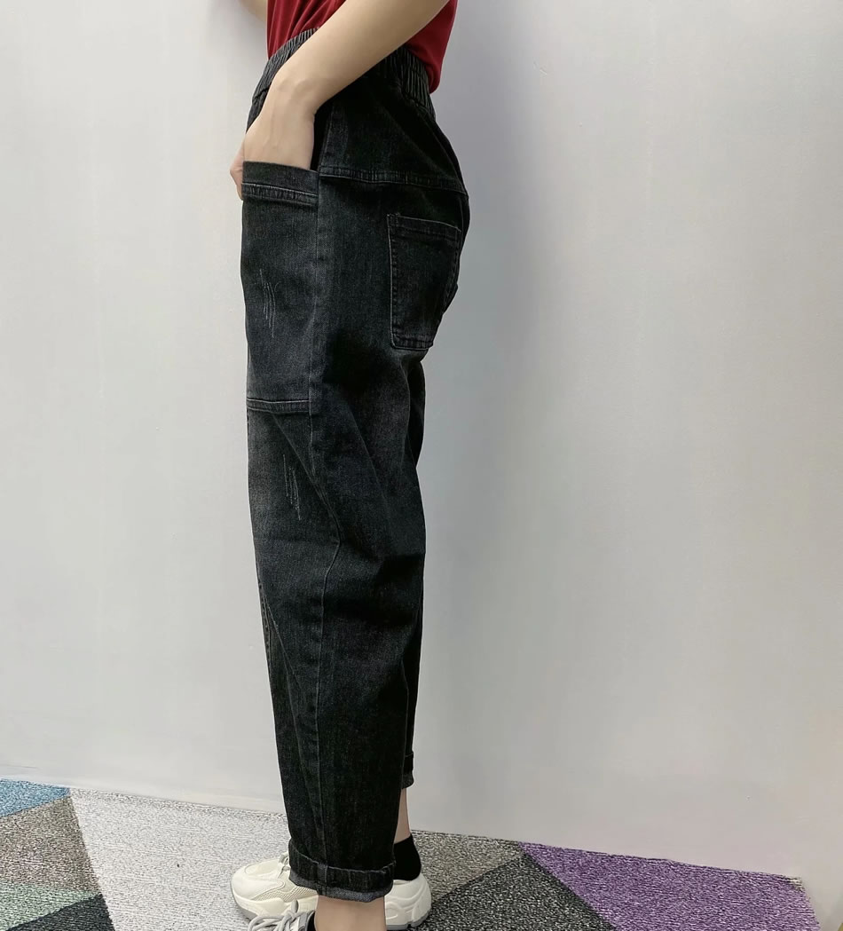 Fashion Black Elastic Waist Big Pocket Jeans,Pants