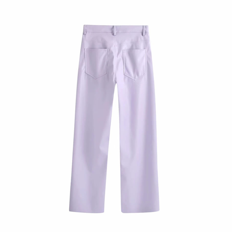 Fashion Purple Faux Leather Solid Color Loose Wide-leg Pants,Pants