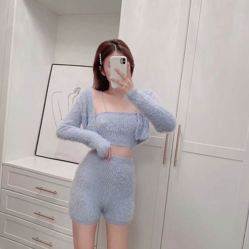 Fashion Blue Solid Color Elastic Waist Knitted Shorts,Shorts
