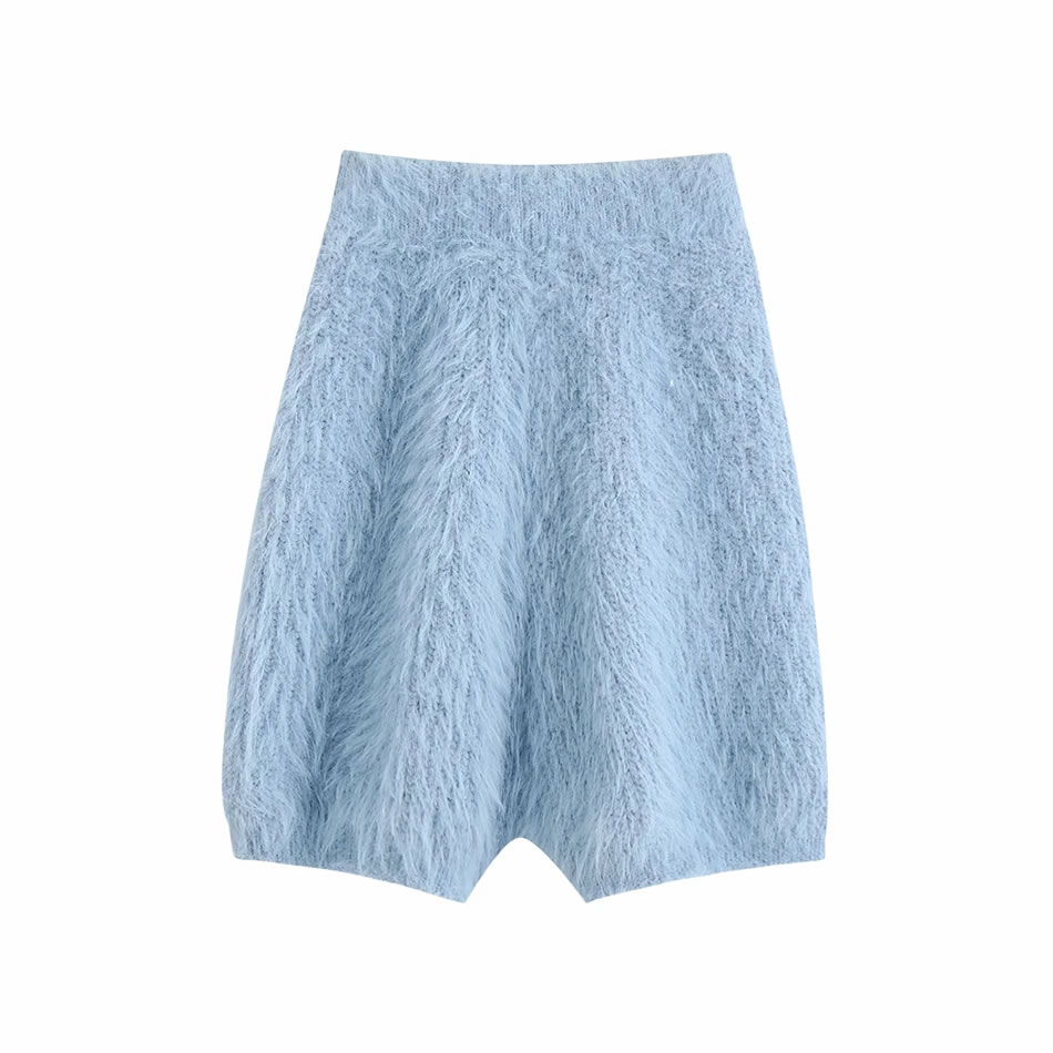 Fashion Blue Solid Color Elastic Waist Knitted Shorts,Shorts