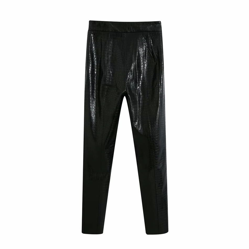 Fashion Black Faux Leather Stone Pattern Solid Color Narrow-leg Pants,Pants