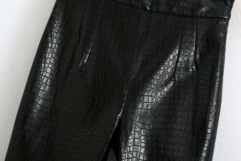 Fashion Black Faux Leather Stone Pattern Solid Color Narrow-leg Pants,Pants