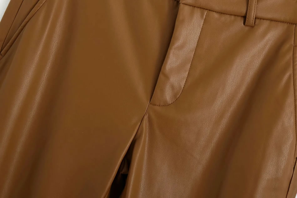 Fashion Brown Faux Leather Solid Color Long Pants,Pants