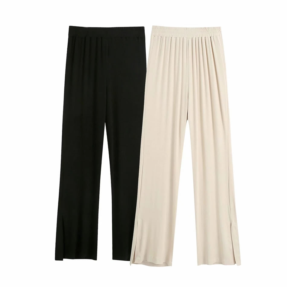 Fashion Black Ribbed Slit Elastic Waist Wide-leg Pants,Pants
