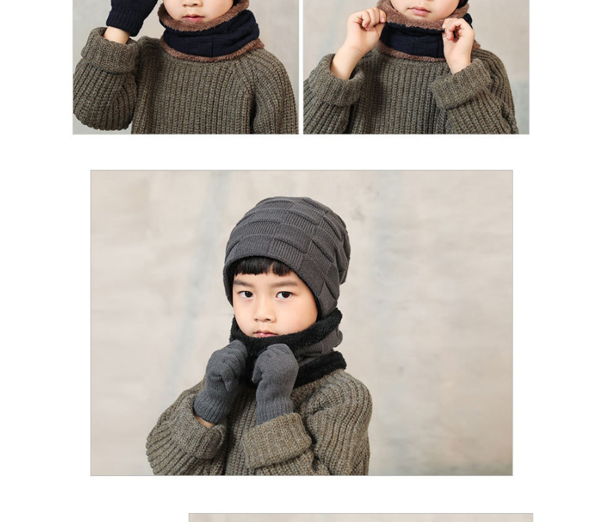 Fashion Childrens Three-piece Khaki Childrens Three-piece Suit With Velvet Thickened Checkered Knitted Hat Bib Gloves,Knitting Wool Hats