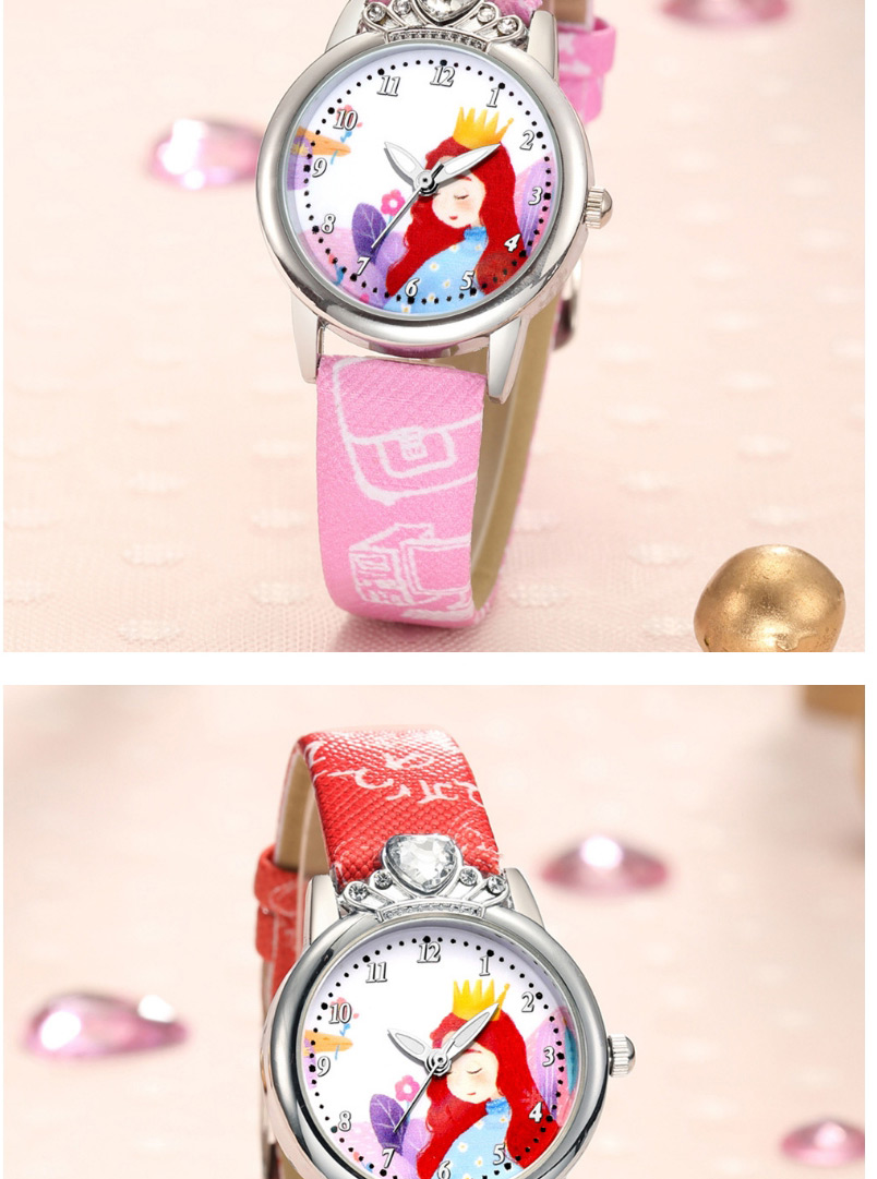 Fashion Rose Red Little Princess Pattern Belt Table Set Diamond Anglo Watch,Ladies Watches