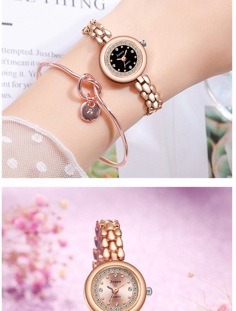 Fashion Rose Gold Black Surface Small Dial Thin Strap Set Diamond English Bracelet Watch,Ladies Watches