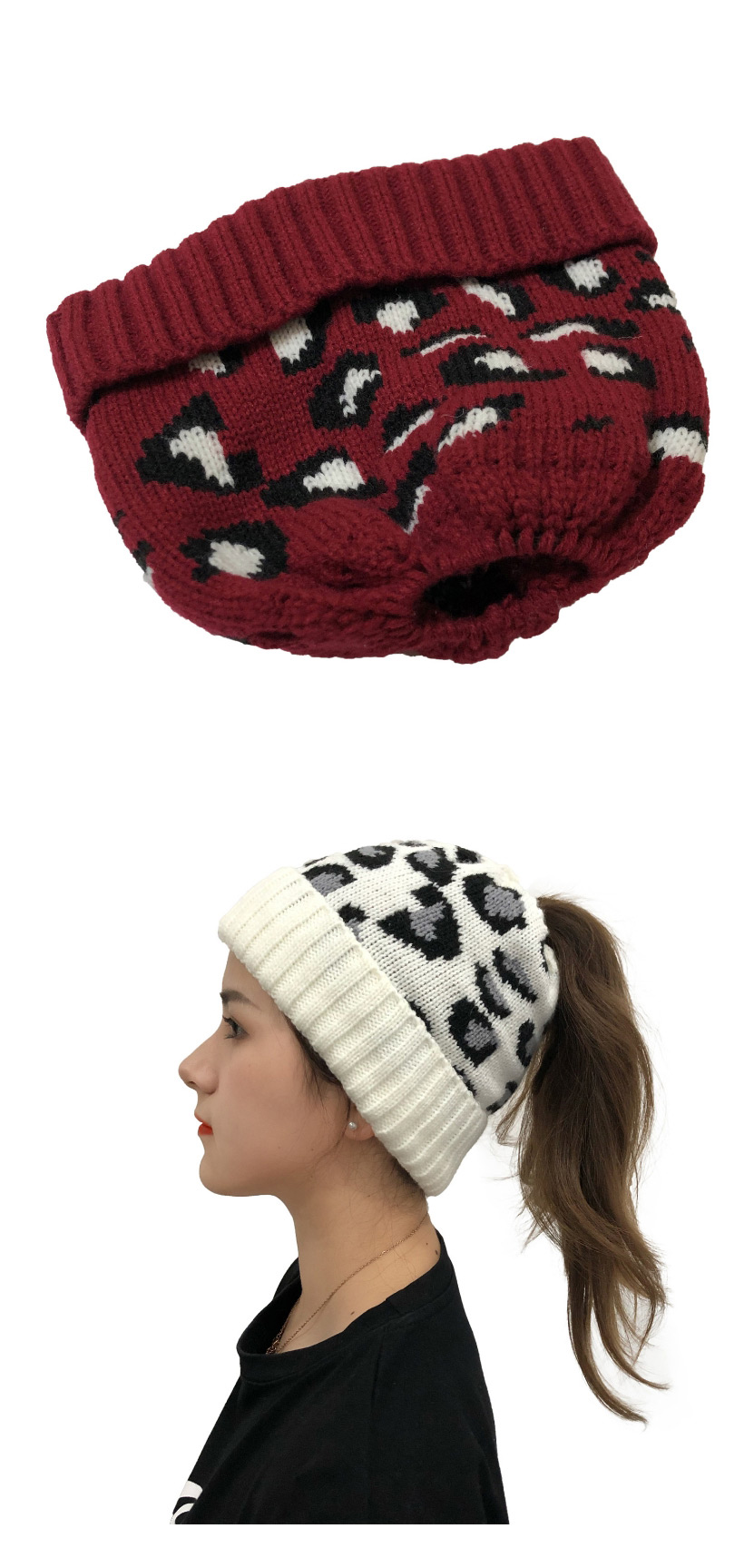 Fashion Claret Leopard Jacquard Ponytail Knitted Beanie,Knitting Wool Hats