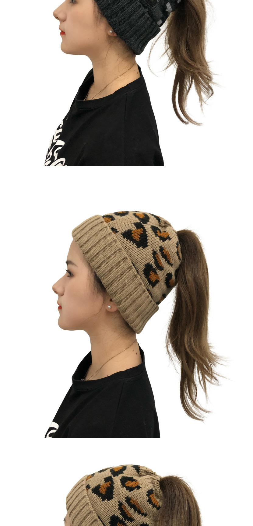 Fashion Dark Gray Leopard Jacquard Ponytail Knitted Beanie,Knitting Wool Hats