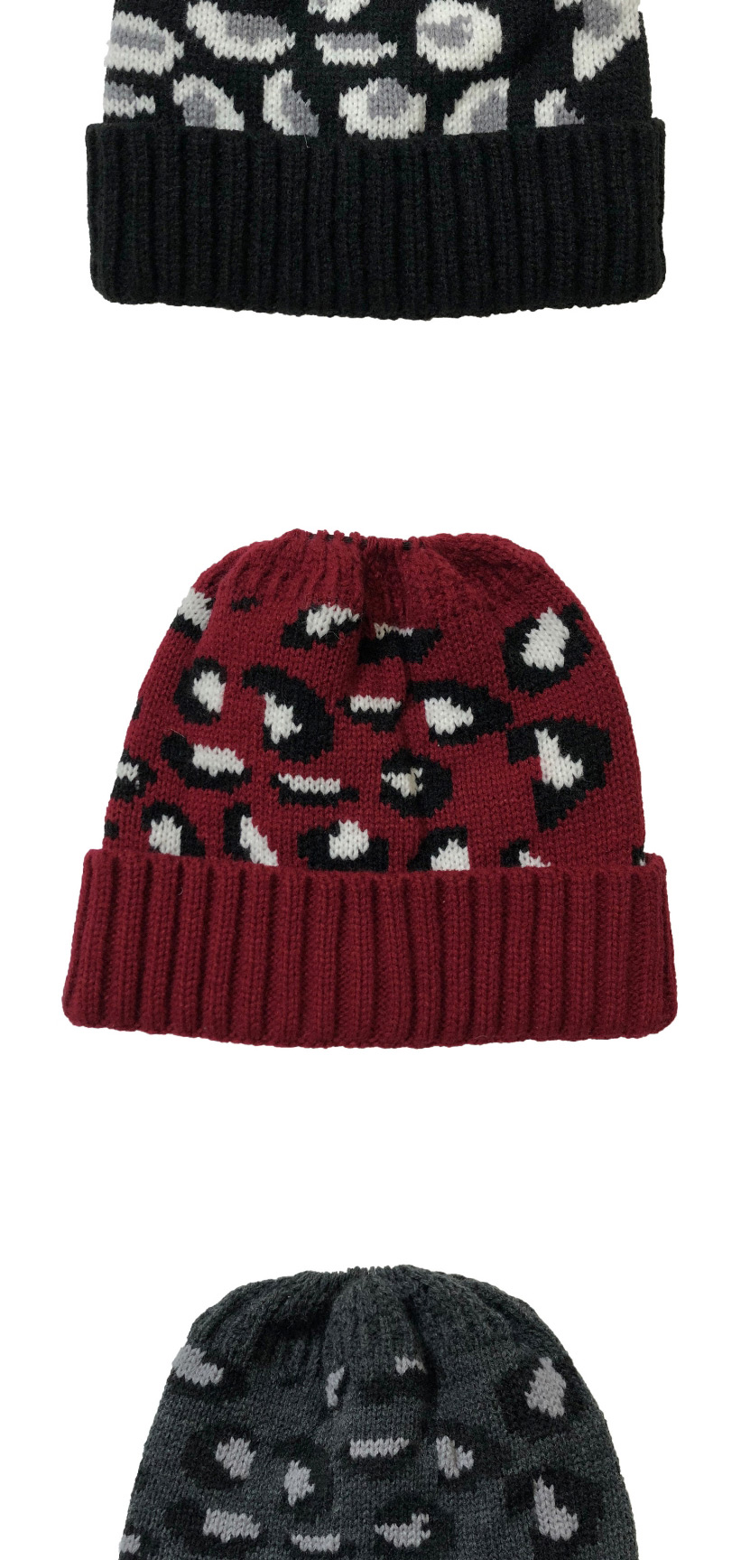 Fashion Claret Leopard Jacquard Ponytail Knitted Beanie,Knitting Wool Hats