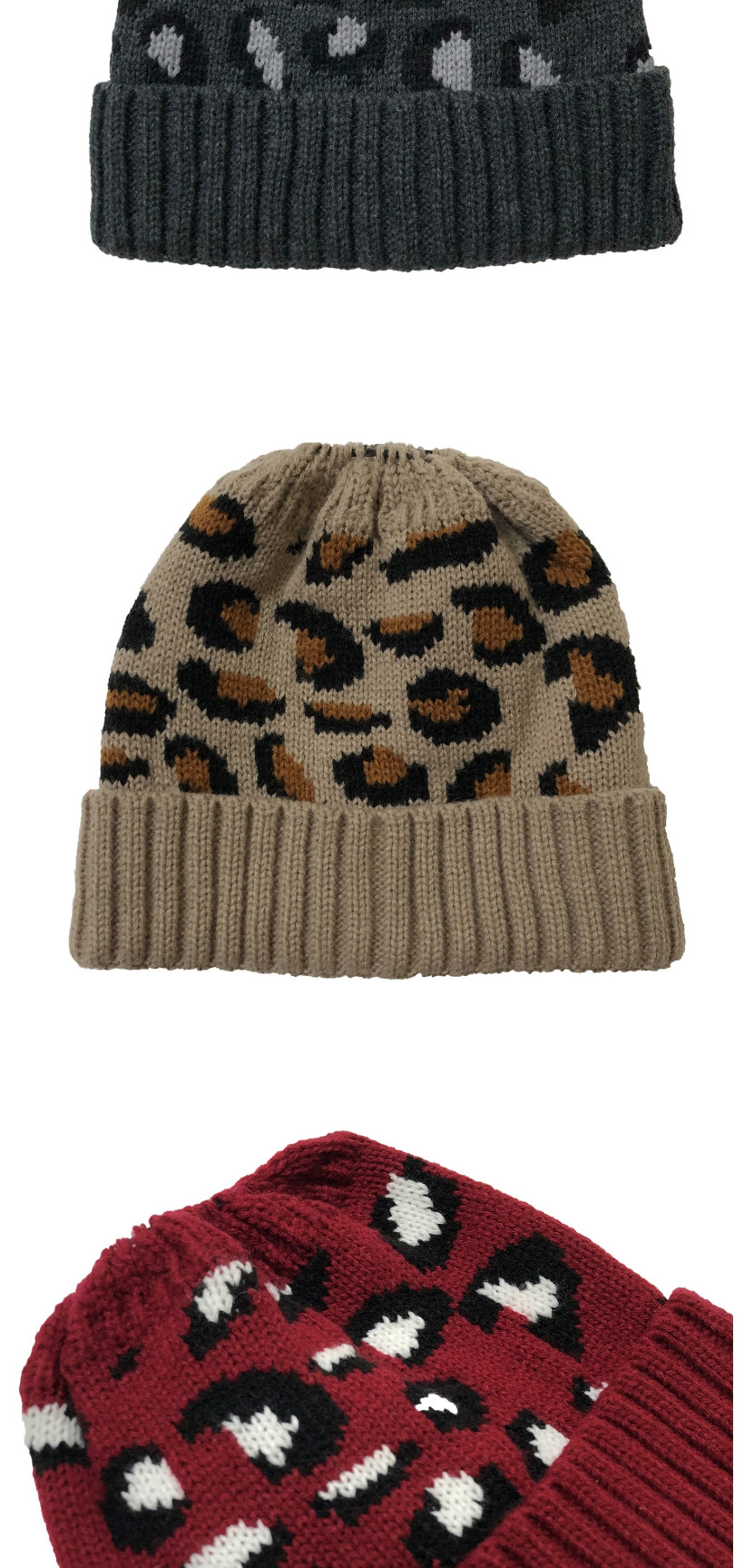 Fashion Camel Leopard Jacquard Ponytail Knitted Beanie,Knitting Wool Hats