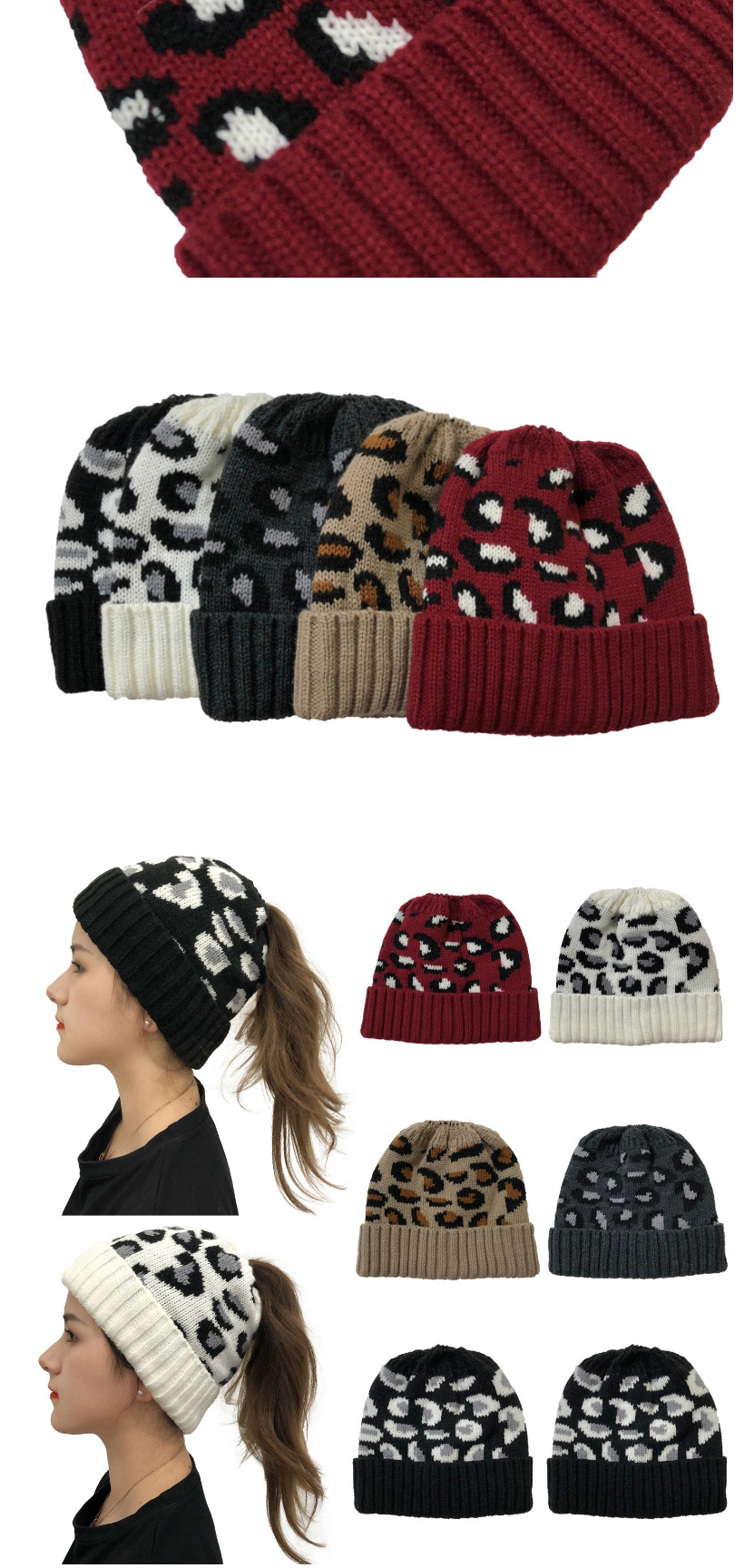Fashion White Leopard Jacquard Ponytail Knitted Beanie,Knitting Wool Hats