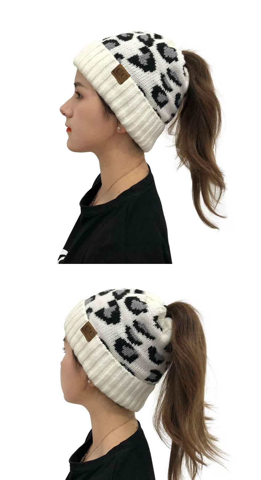 Fashion Dark Gray Leopard Print Ponytail Knitted Beanie With Curled Edges,Knitting Wool Hats