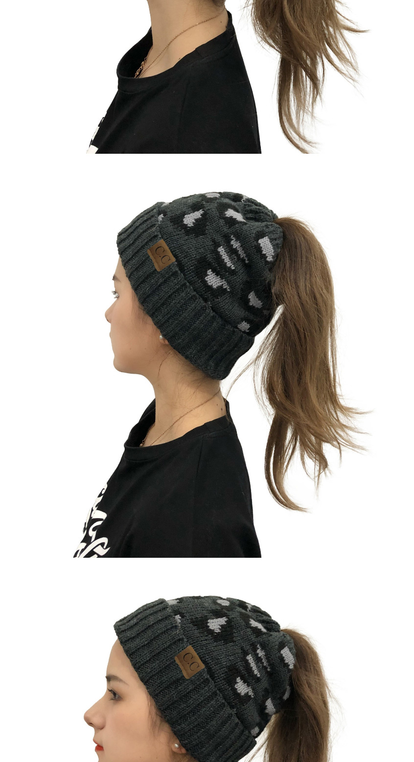 Fashion Dark Gray Leopard Print Ponytail Knitted Beanie With Curled Edges,Knitting Wool Hats