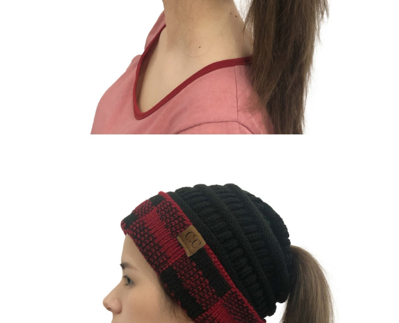 Fashion Black+red Grid Letter Logo Large Lattice Curled Knit Ponytail Hat,Knitting Wool Hats