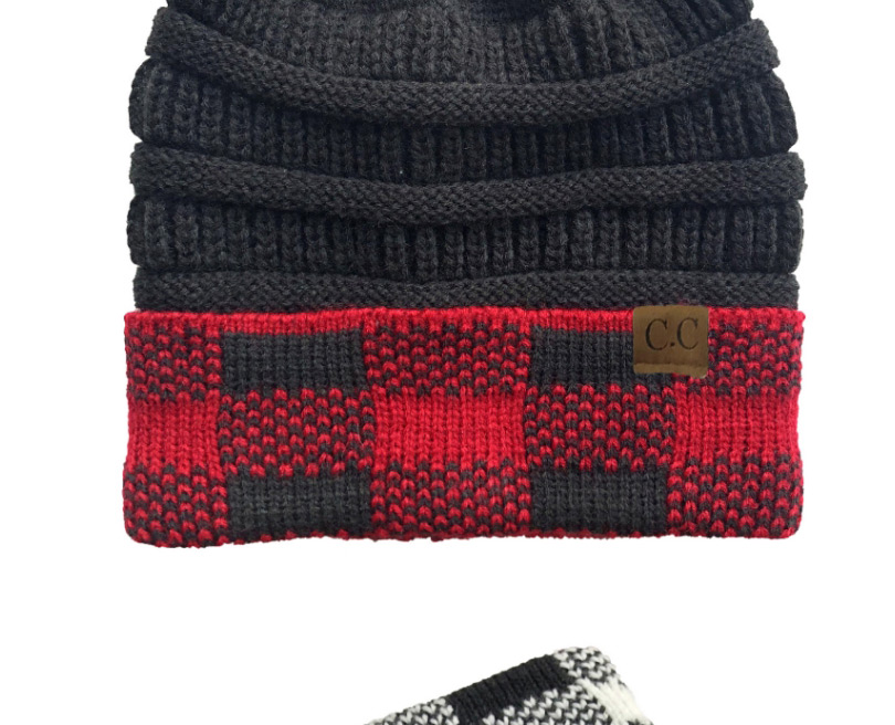Fashion Black+red Grid Letter Logo Large Lattice Curled Knit Ponytail Hat,Knitting Wool Hats