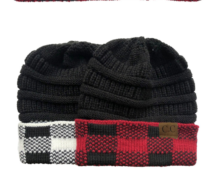 Fashion Black+red Grid Wool Big Square Lattice Curled Edge Color Matching Warm Knitted Hat,Knitting Wool Hats