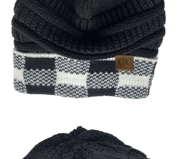Fashion Black+white Grid Wool Big Square Lattice Curled Edge Color Matching Warm Knitted Hat,Knitting Wool Hats