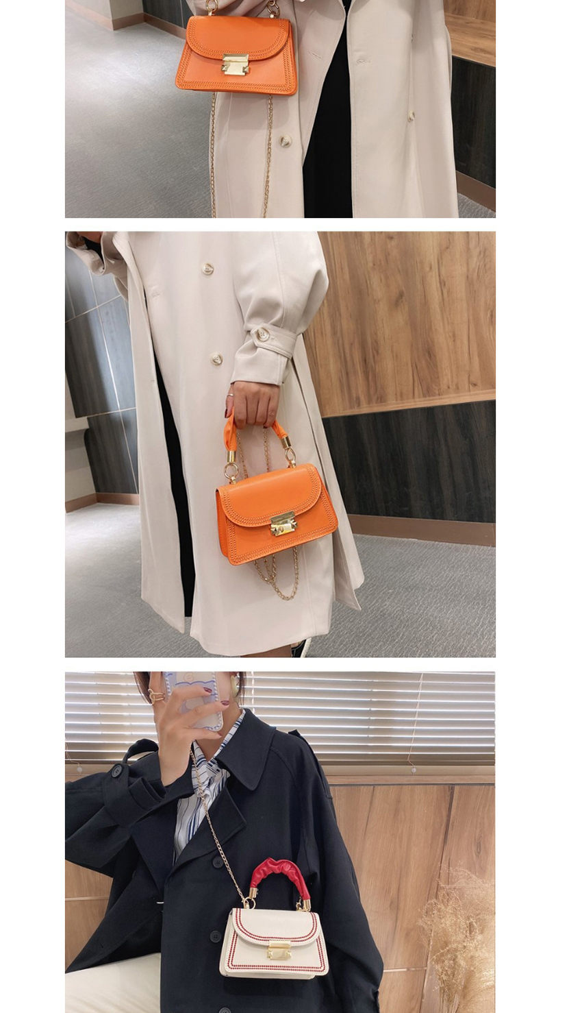 Fashion Orange Lock Flap Contrast Color Embroidery Thread Shoulder Messenger Bag,Shoulder bags