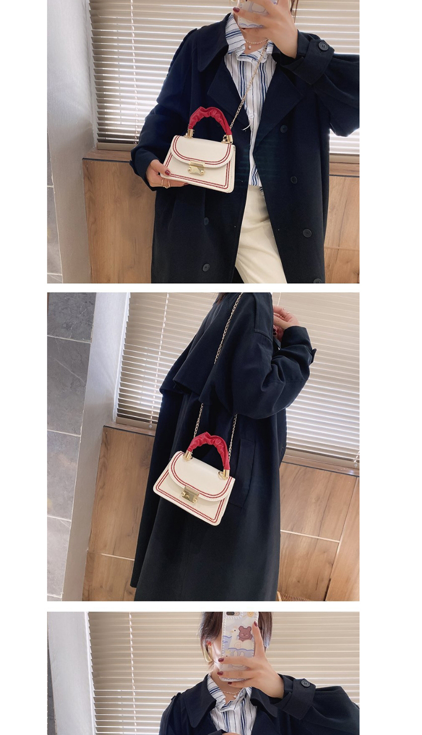Fashion Black Lock Flap Contrast Color Embroidery Thread Shoulder Messenger Bag,Shoulder bags