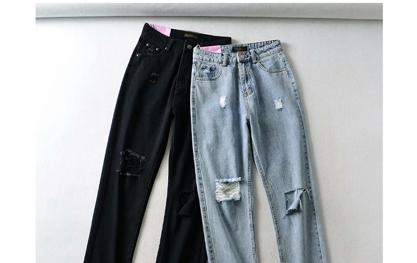 Fashion Black Washed Hole Slim-fit Denim Trousers,Pants