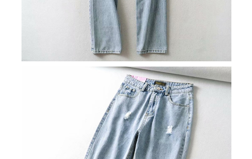 Fashion Blue Washed Hole Slim-fit Denim Trousers,Denim