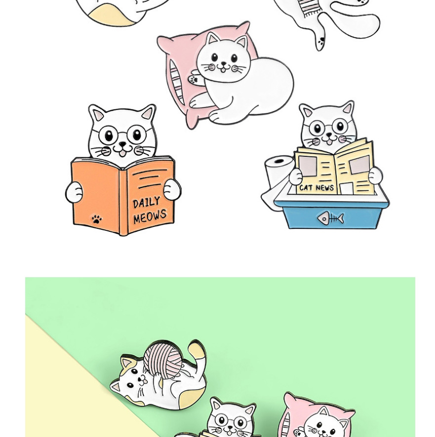 Fashion Kitten Yellow Yarn Cat Reading Book Cat Thread Ball Drip Oil Alloy Pin,Korean Brooches