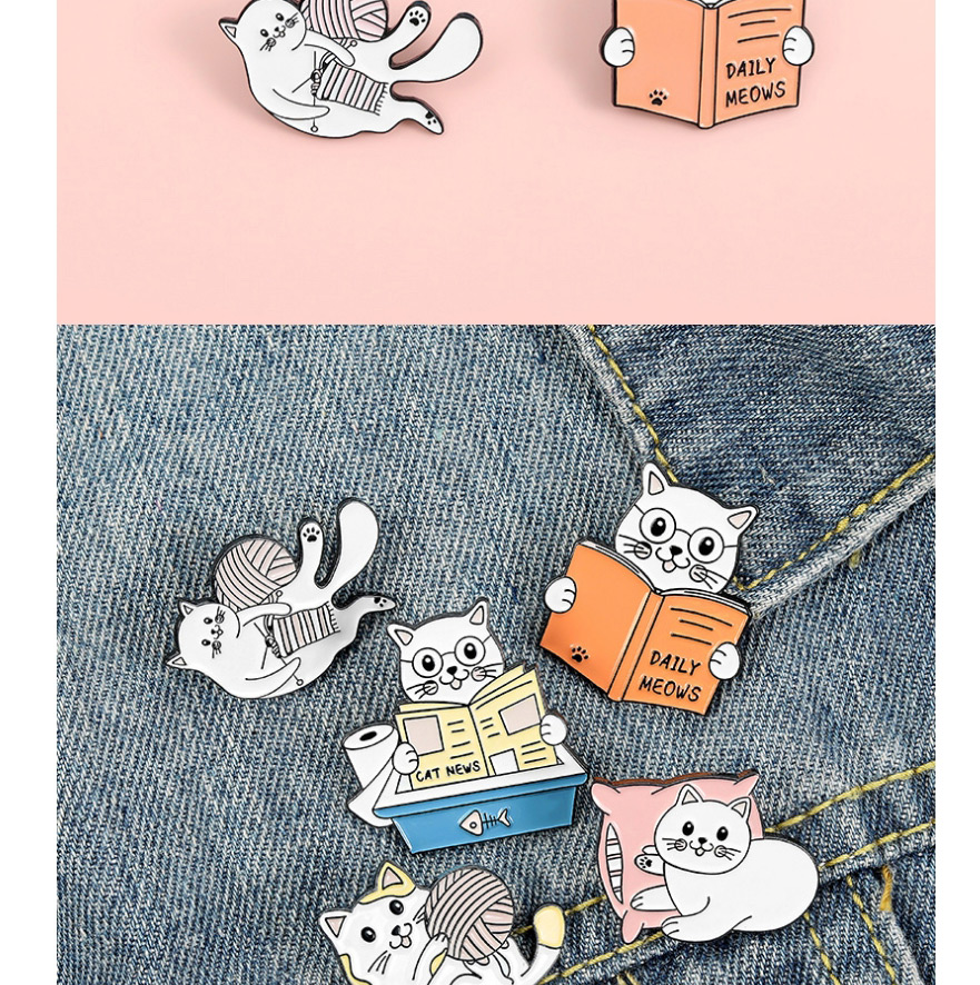 Fashion Kitten Reading Orange Cat Reading Book Cat Thread Ball Drip Oil Alloy Pin,Korean Brooches