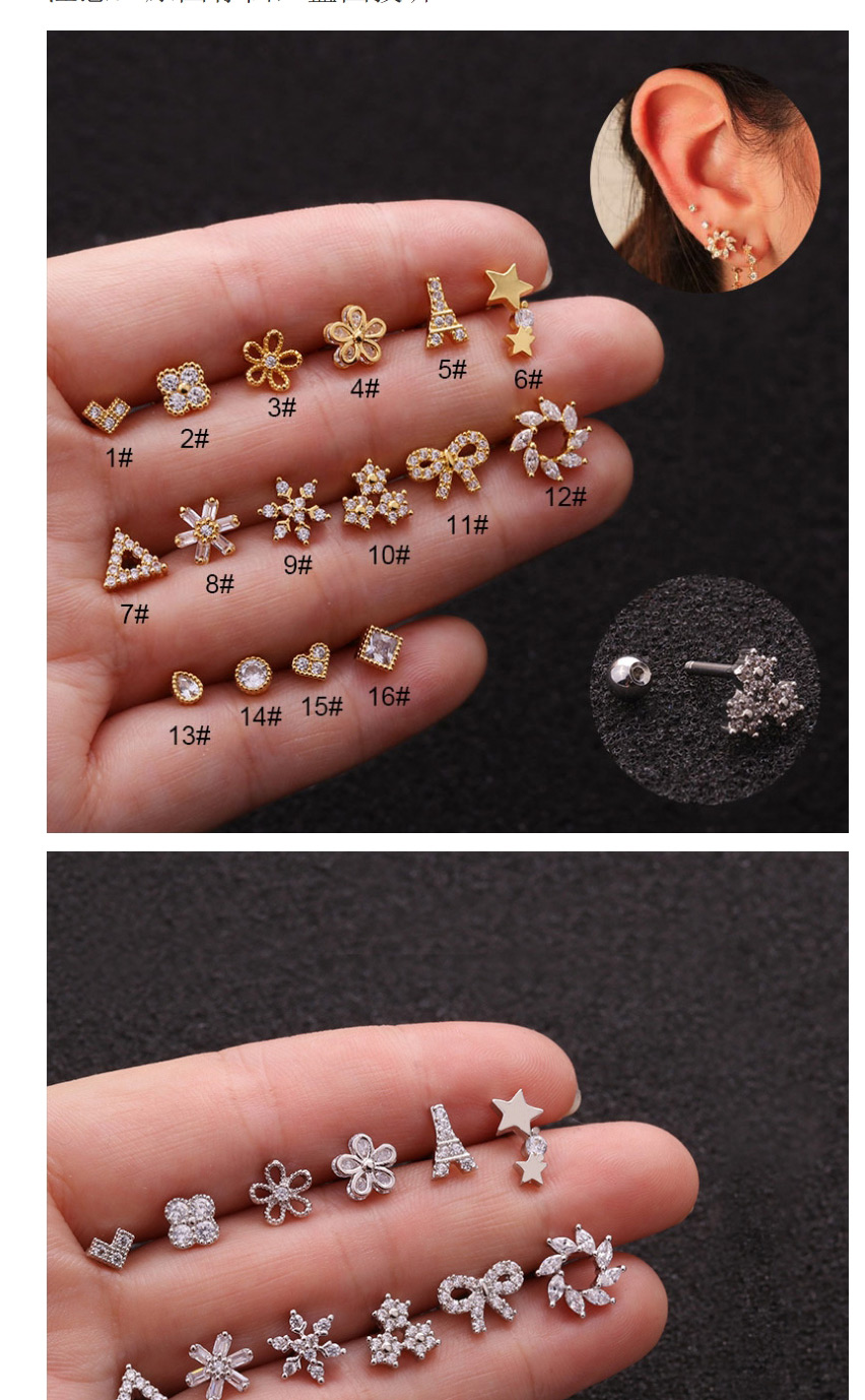 Fashion Square Golden Golden Stainless Steel Screw Earrings Flower Zircon Do Not Need To Remove The Ear Bone Studs For Sleeping (1pcs),Ear Cartilage Rings & Studs