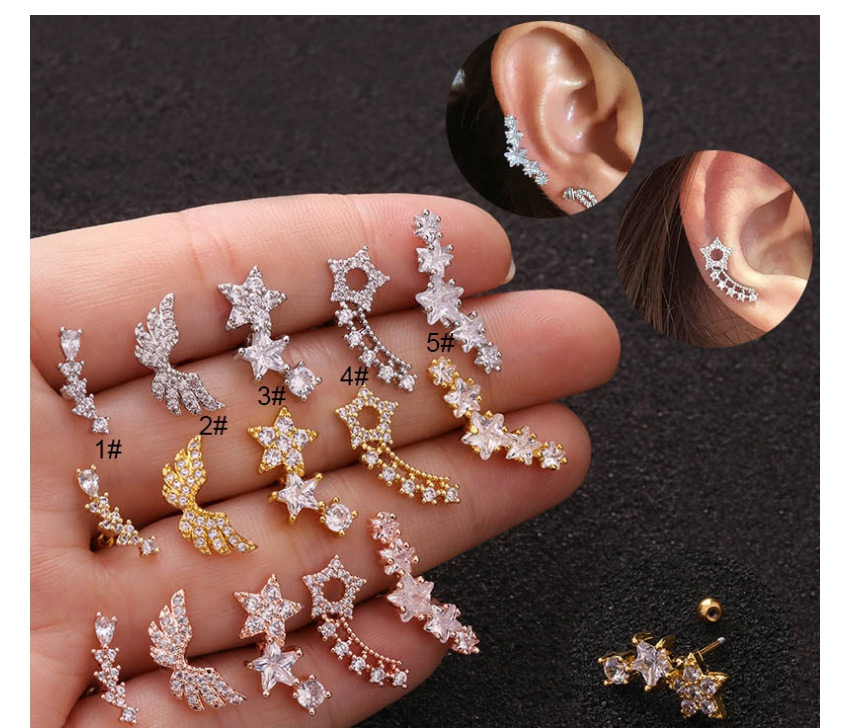 Fashion Five-pointed Star Gold Gold Screw Thin Rod Earrings Five-pointed Star Zircon Earrings Stainless Steel Piercing Ear Bone Studs Cross-border (1pcs),Ear Cartilage Rings & Studs