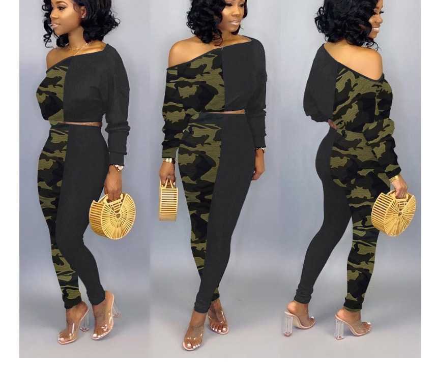 Fashion Grey Leopard Two-color Stitching Leopard Print Camouflage Diagonal Top Pants Suit,Tank Tops & Camis