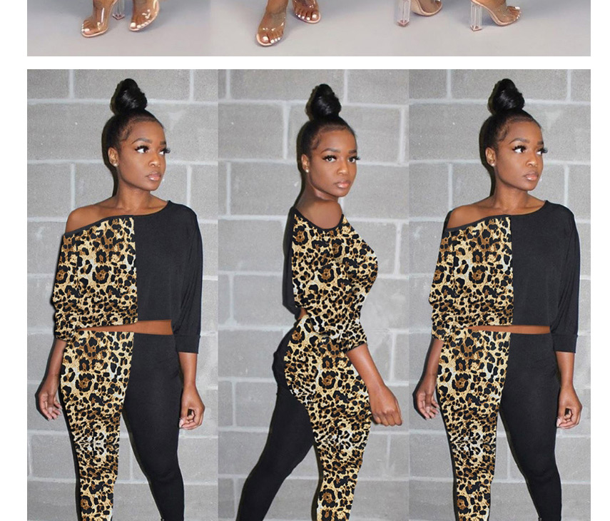 Fashion Big Coffee Leopard Two-color Stitching Leopard Print Camouflage Diagonal Top Pants Suit,Tank Tops & Camis