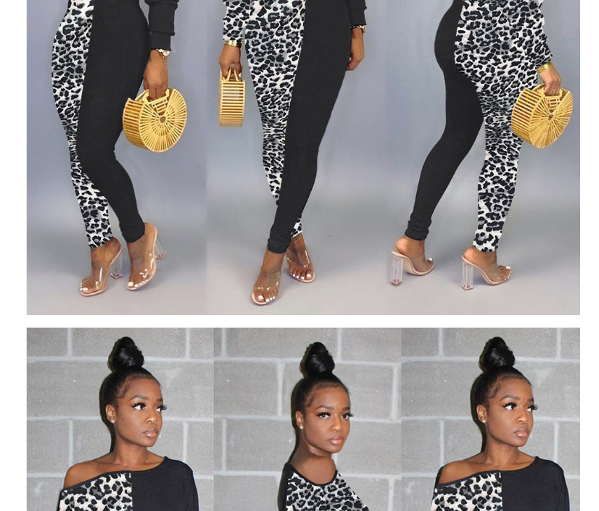 Fashion Grey Leopard Two-color Stitching Leopard Print Camouflage Diagonal Top Pants Suit,Tank Tops & Camis