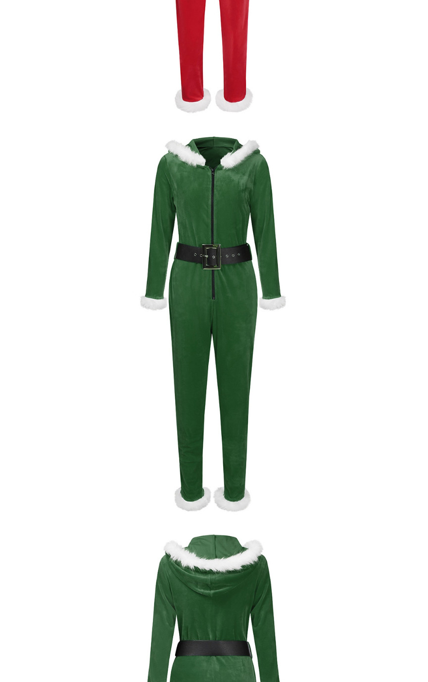 Fashion Green Christmas Zipper Plush Stitching Jumpsuit,Bodysuits