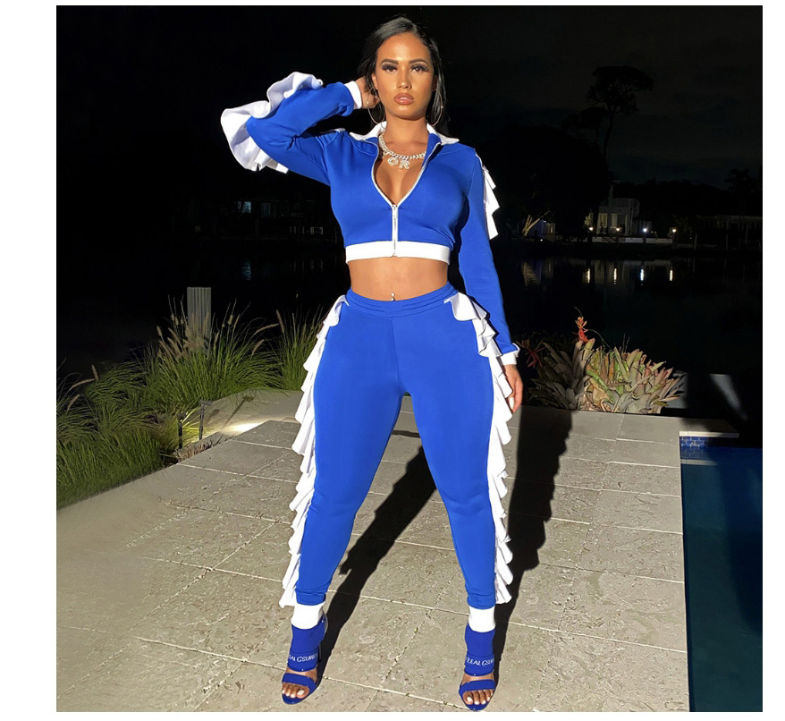 Fashion Blue Slim-fit Contrast Stitching Ruffled Lapel Sports Suit,Tank Tops & Camis