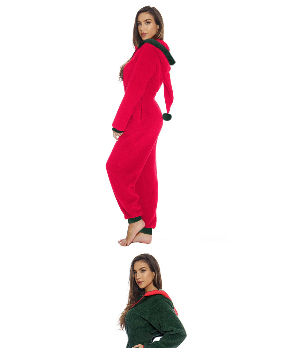 Fashion Red Christmas Long Sleeve Plush Zipper Jumpsuit,Tank Tops & Camis