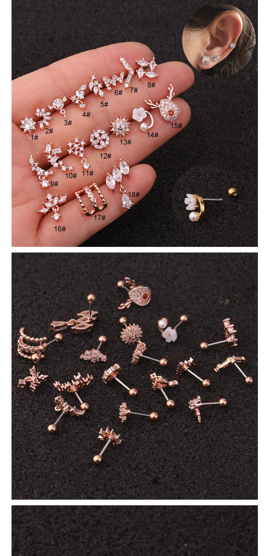 Fashion 10# Rose Gold Stainless Steel Piercing Jewelry Zircon Earrings Female Flower Ear Bone Nails (1pcs),Ear Cartilage Rings & Studs