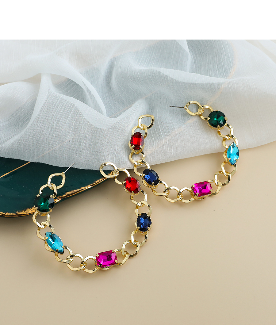 Fashion Color Alloy Chain Diamond Hollow Circle Stud Earrings,Hoop Earrings