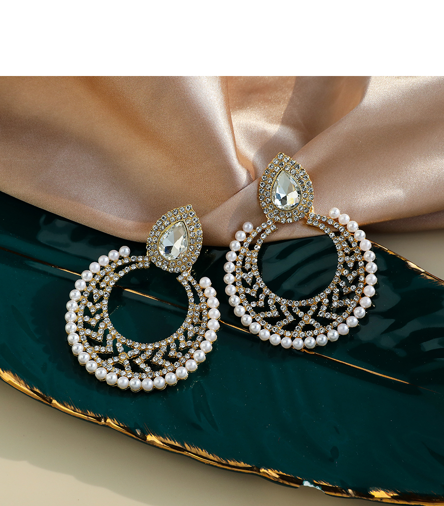 Fashion Color Alloy Diamond Pearl Hollow Round Stud Earrings,Stud Earrings