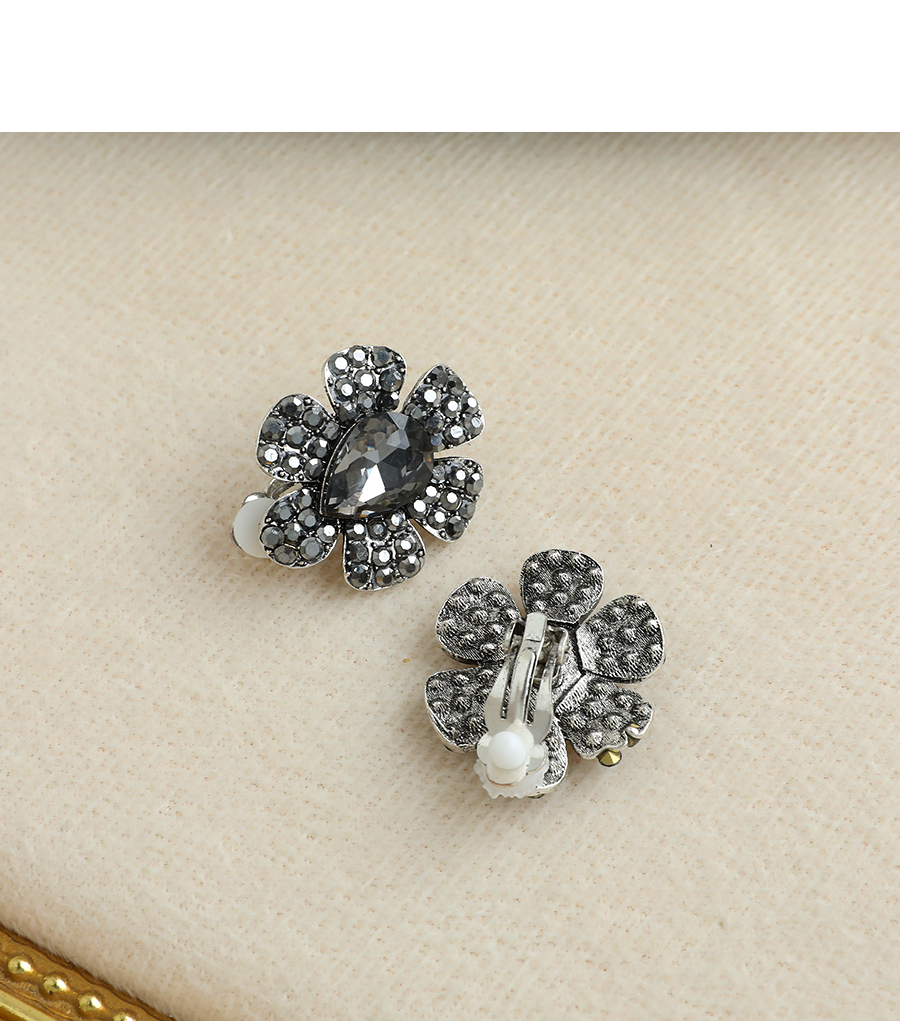 Fashion Black Alloy Diamond Flower Ear Clip,Clip & Cuff Earrings