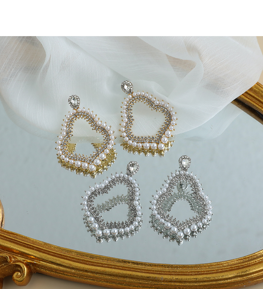 Fashion Silver Color Alloy Diamond Pearl Hollow Geometric Shape Stud Earrings,Stud Earrings