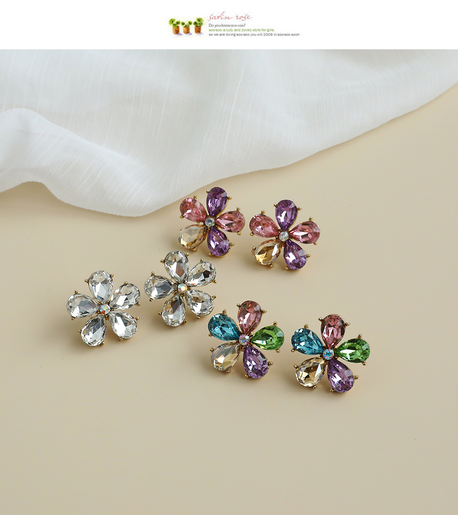 Fashion Pink Purple Alloy Diamond Flower Earrings,Stud Earrings