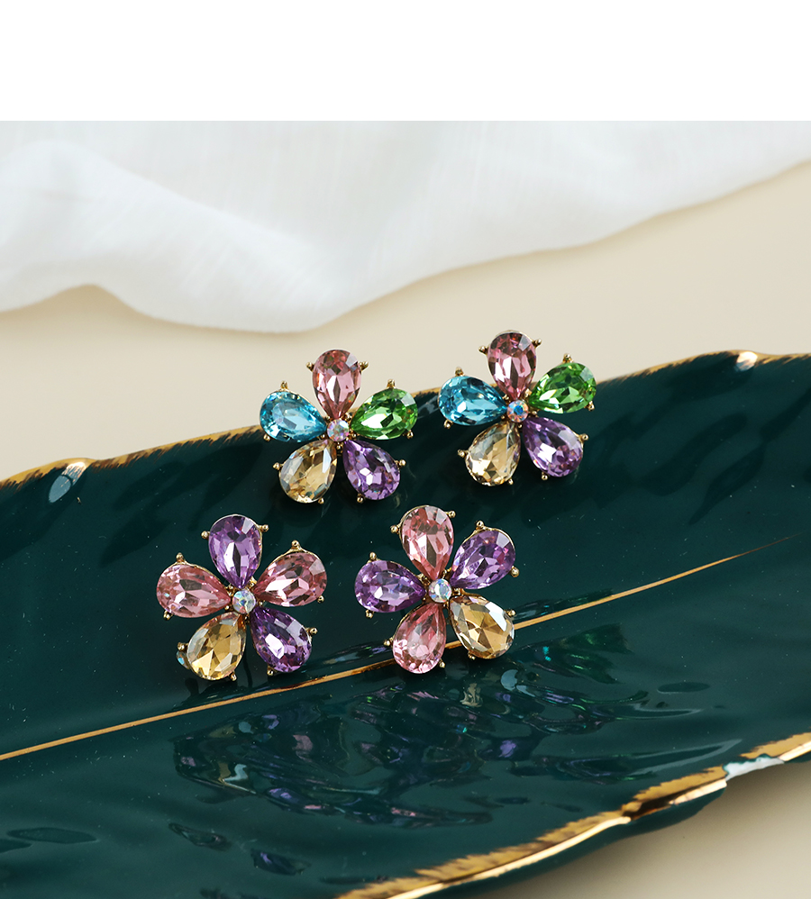 Fashion Pink Purple Alloy Diamond Flower Earrings,Stud Earrings
