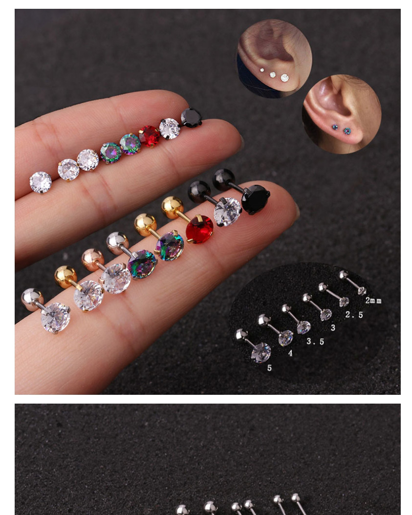 Fashion Black-black (3mm) 3-claw Stainless Steel Screw Inlaid Zircon Geometric Earrings (1 Price),Earrings
