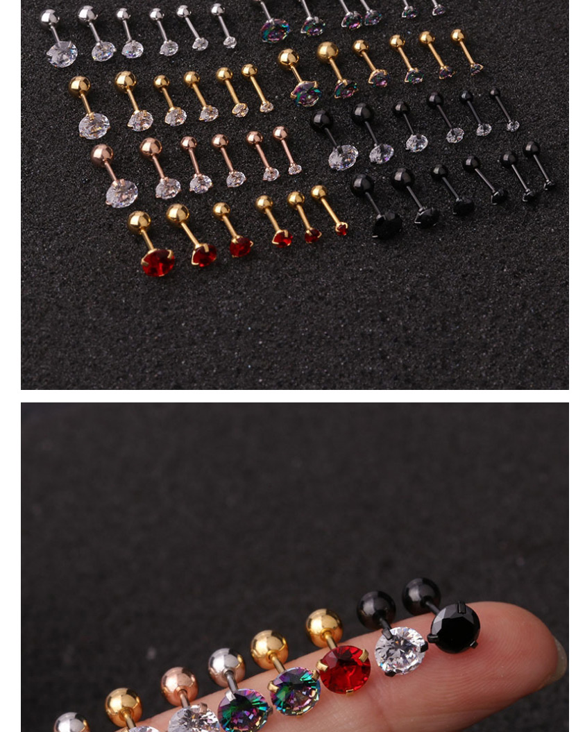 Fashion Gold Color Color-colorful (3mm) 3-claw Stainless Steel Screw Inlaid Zircon Geometric Earrings (1 Price),Earrings